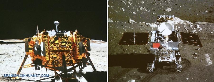 El primer vehículo explorador lunar y la sonda lunar de China se tomaron fotografías mutuamente sobre la superficie de la luna esta noche, una acción que marca el éxito total de la misión de la sonda lunar Chang'e-3 del país.